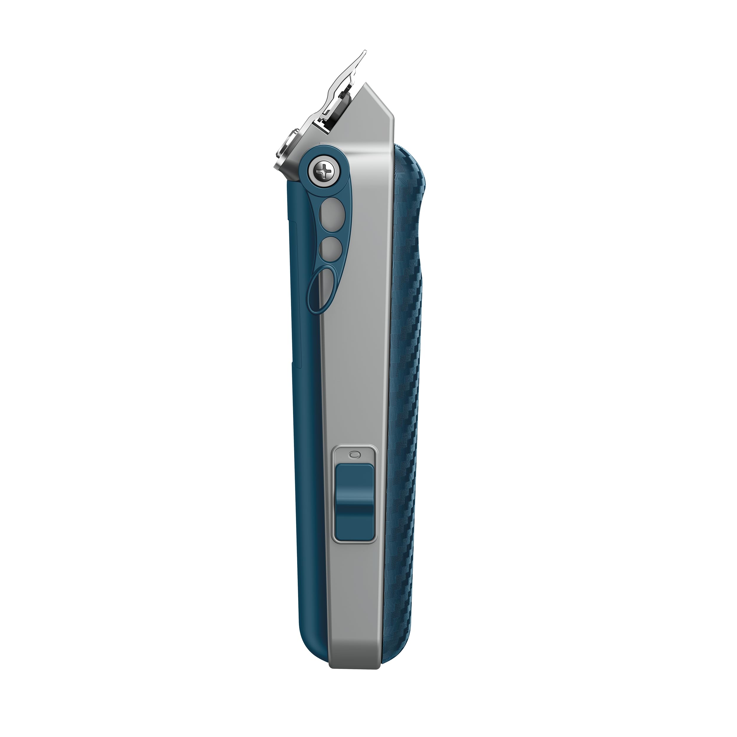 Conair Men cordless beard trimmer close up highlighting the five position taper control lever and universal USB-C charging port.
