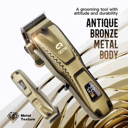 Cordless men grooming kit showing battery power percentage on smart screen