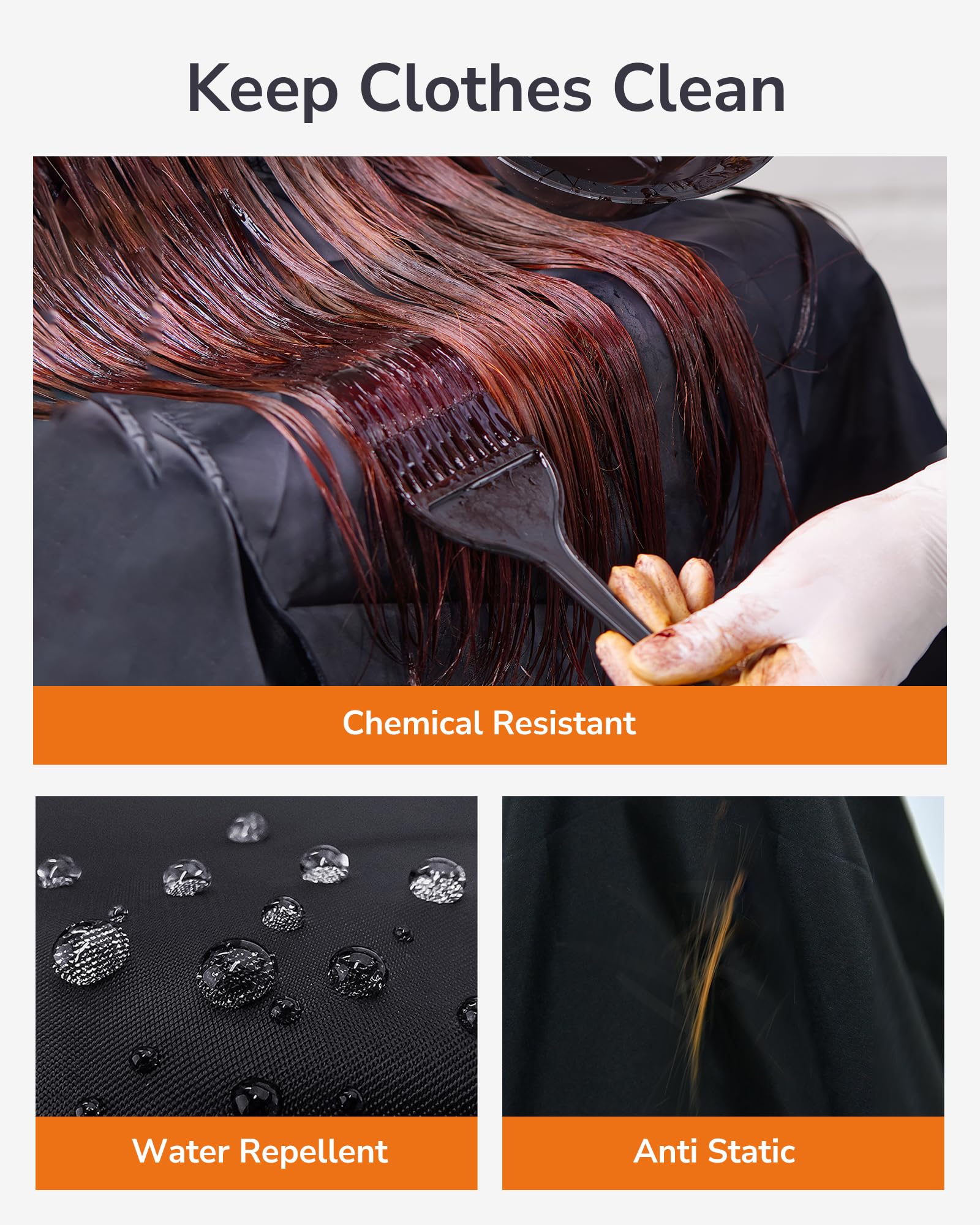 Close up view of the waterproof material and adjustable neck closure on the ULG salon cape.