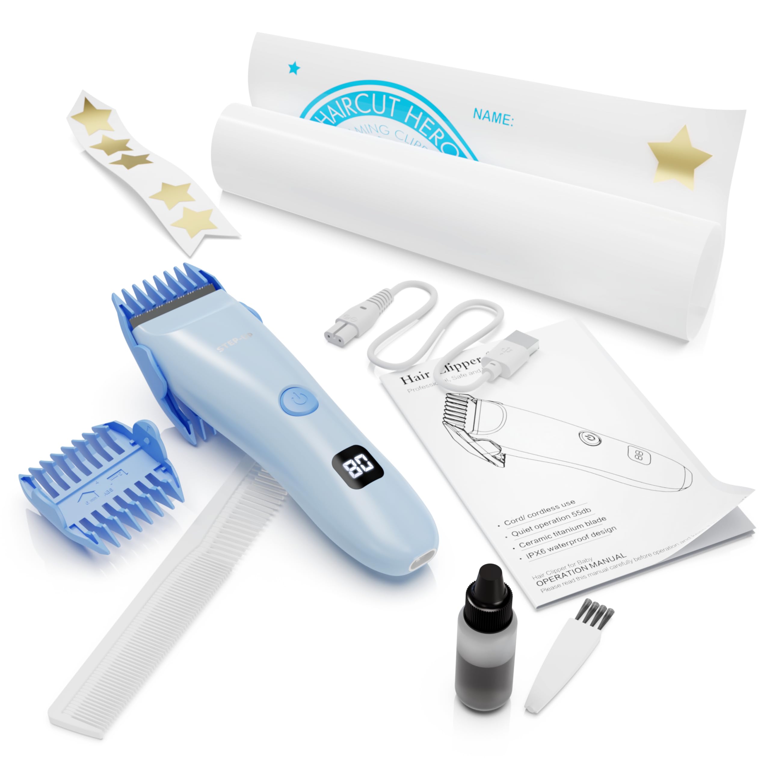 Low noise electric trimmer kit with multiple comb guard attachments for kids with autism