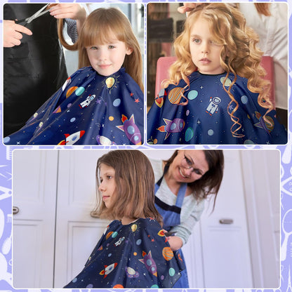 FEBSNOW space themed kids barber apron being wiped clean easily after a trim