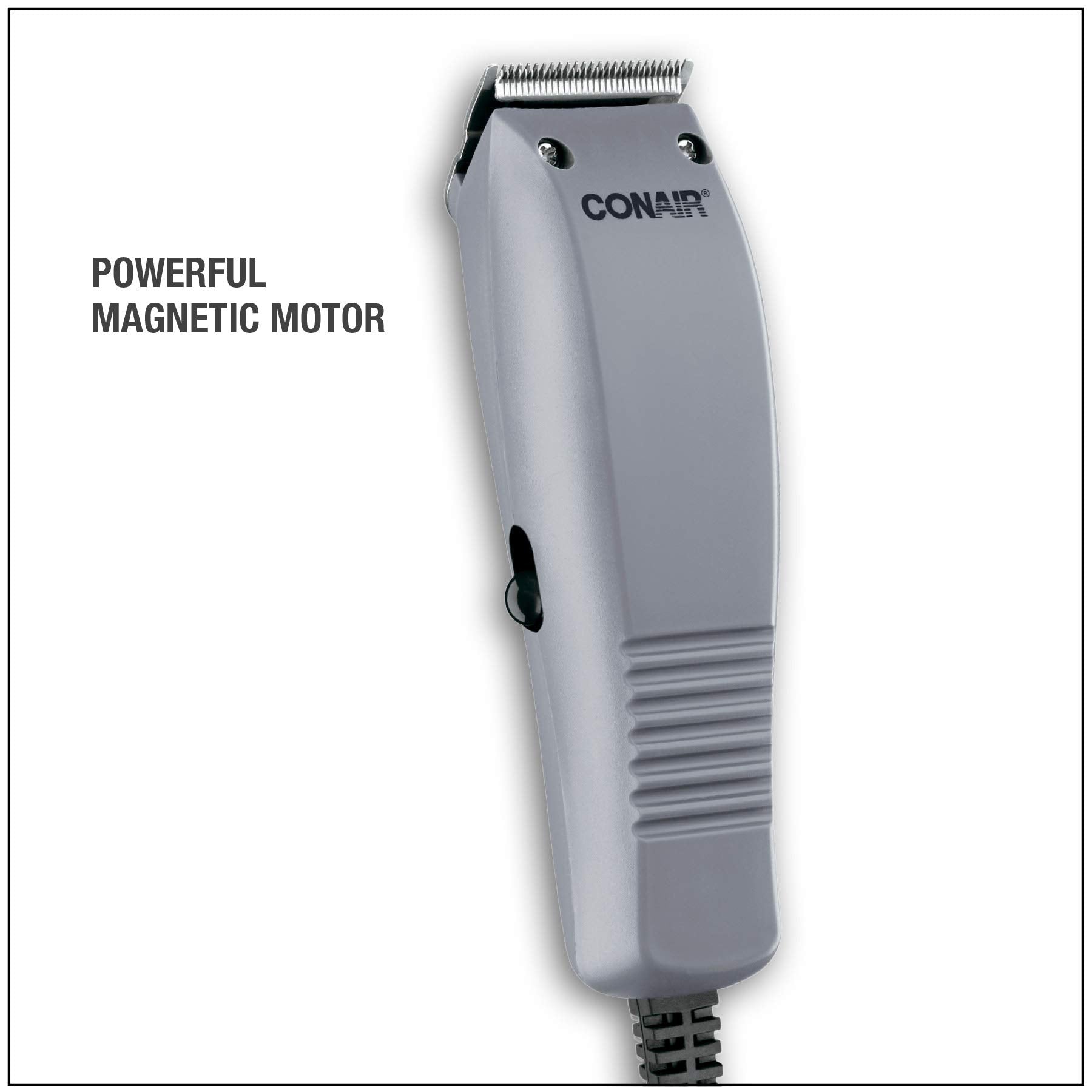 Close up shot of the self sharpening stainless steel blades on the Conair Simple Cut men's trimmer.
