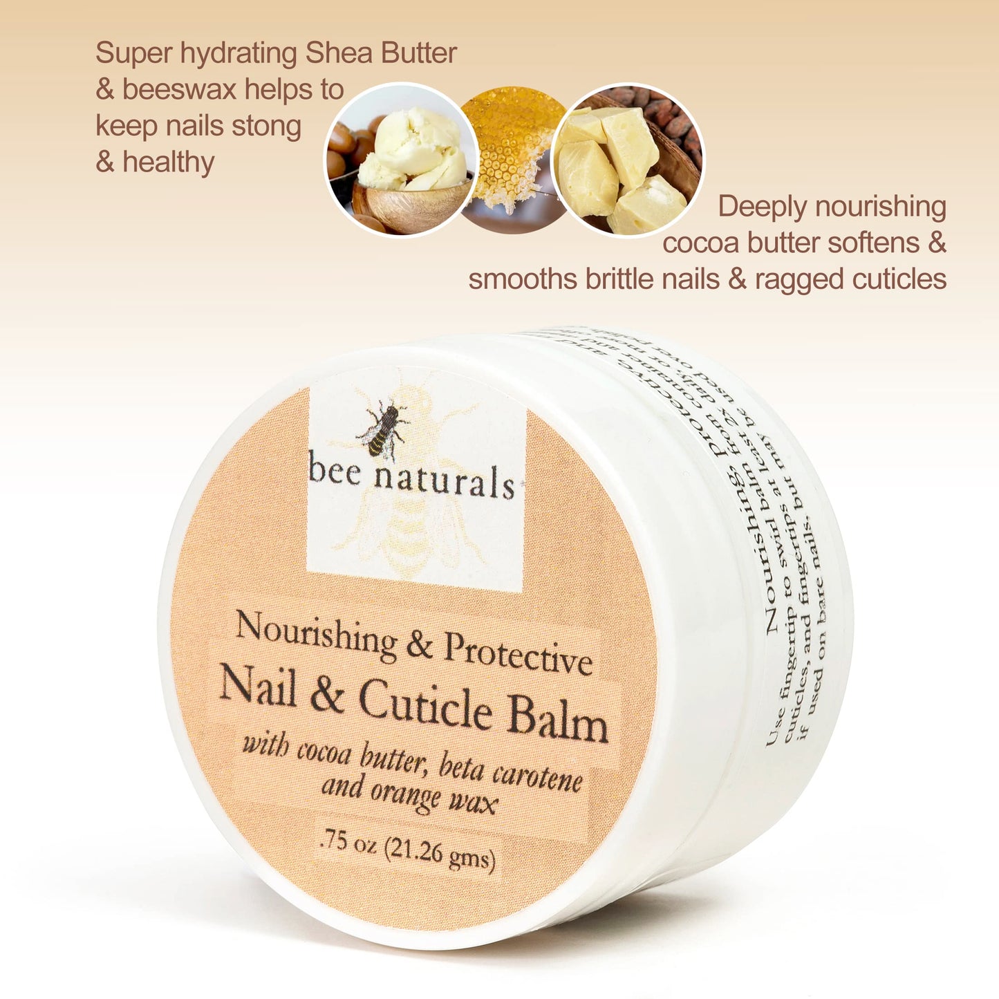 Bee Naturals cuticle balm container showing cocoa butter and tangerine ingredients