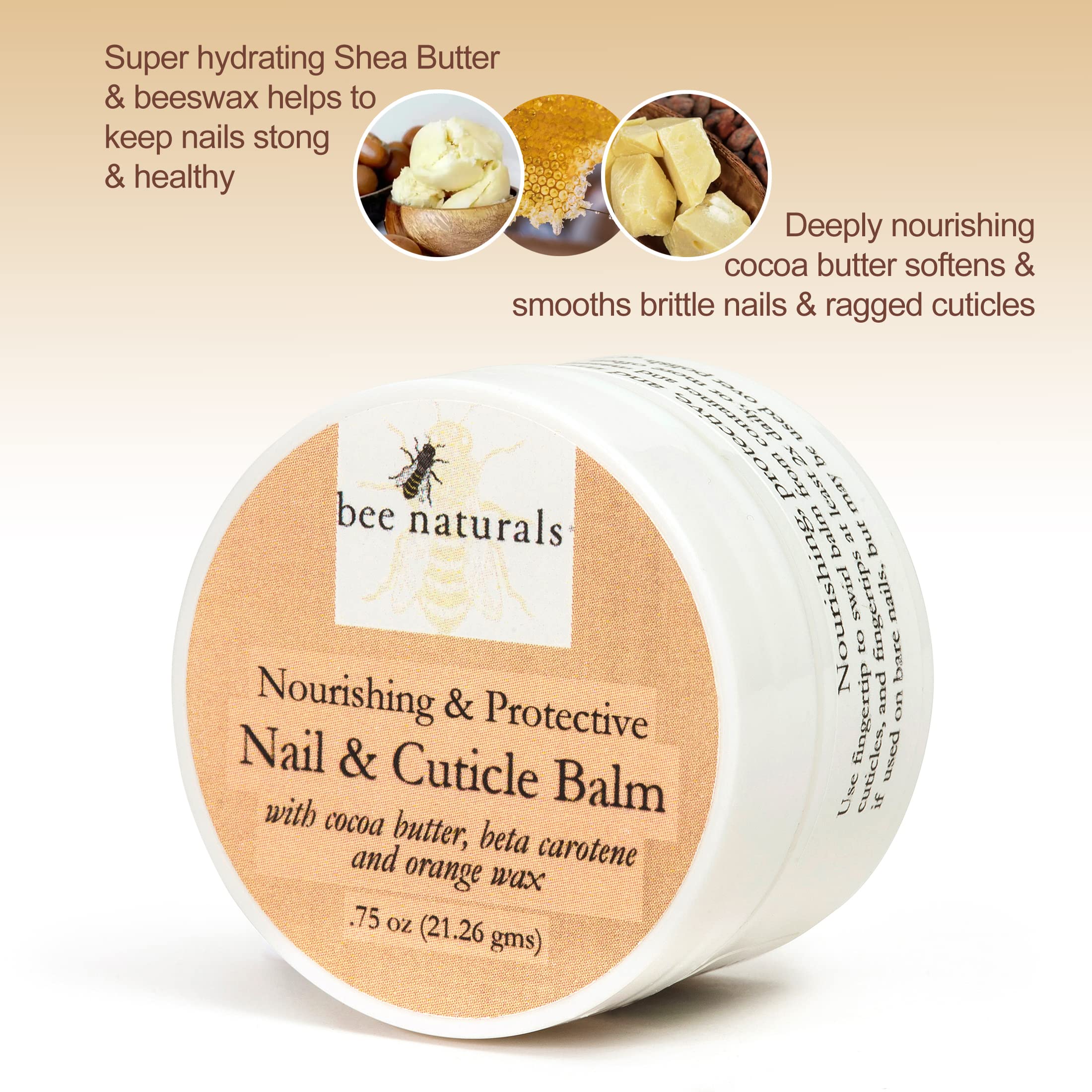 Bee Naturals cuticle balm container showing cocoa butter and tangerine ingredients