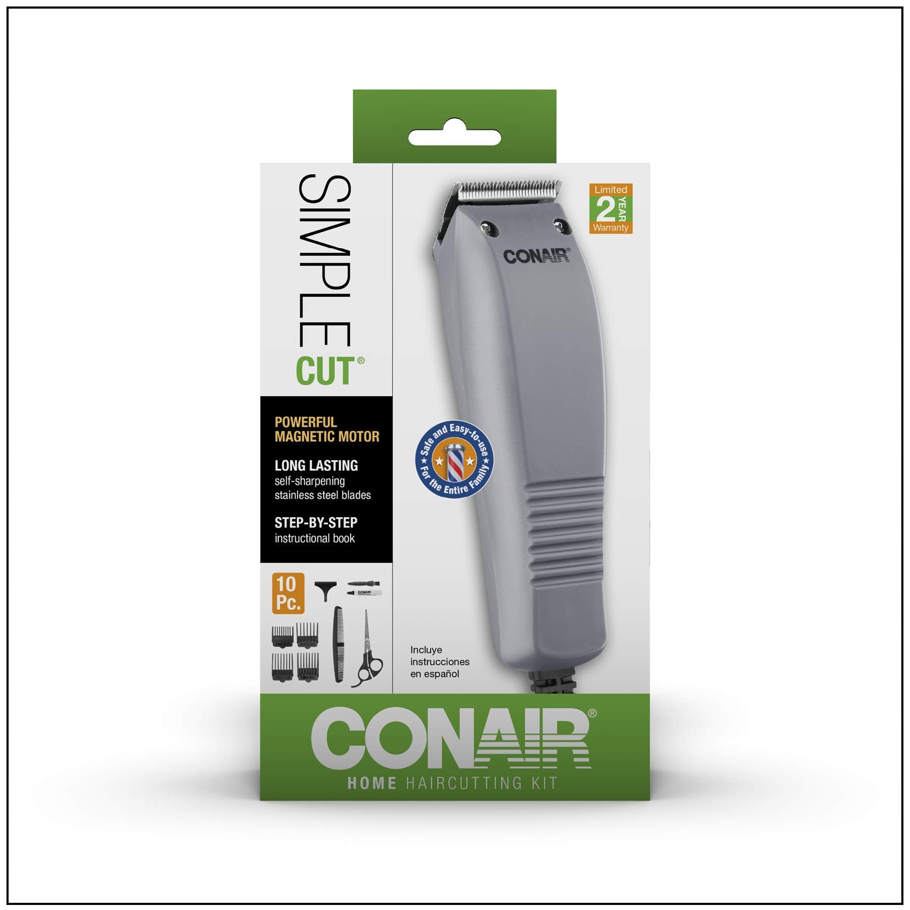 A detailed view of the four different sized guide combs included with the ConairMAN clipper set.