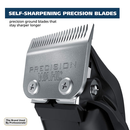 Wahl hair clipper kit showing ten different color coded attachment guards arranged neatly.