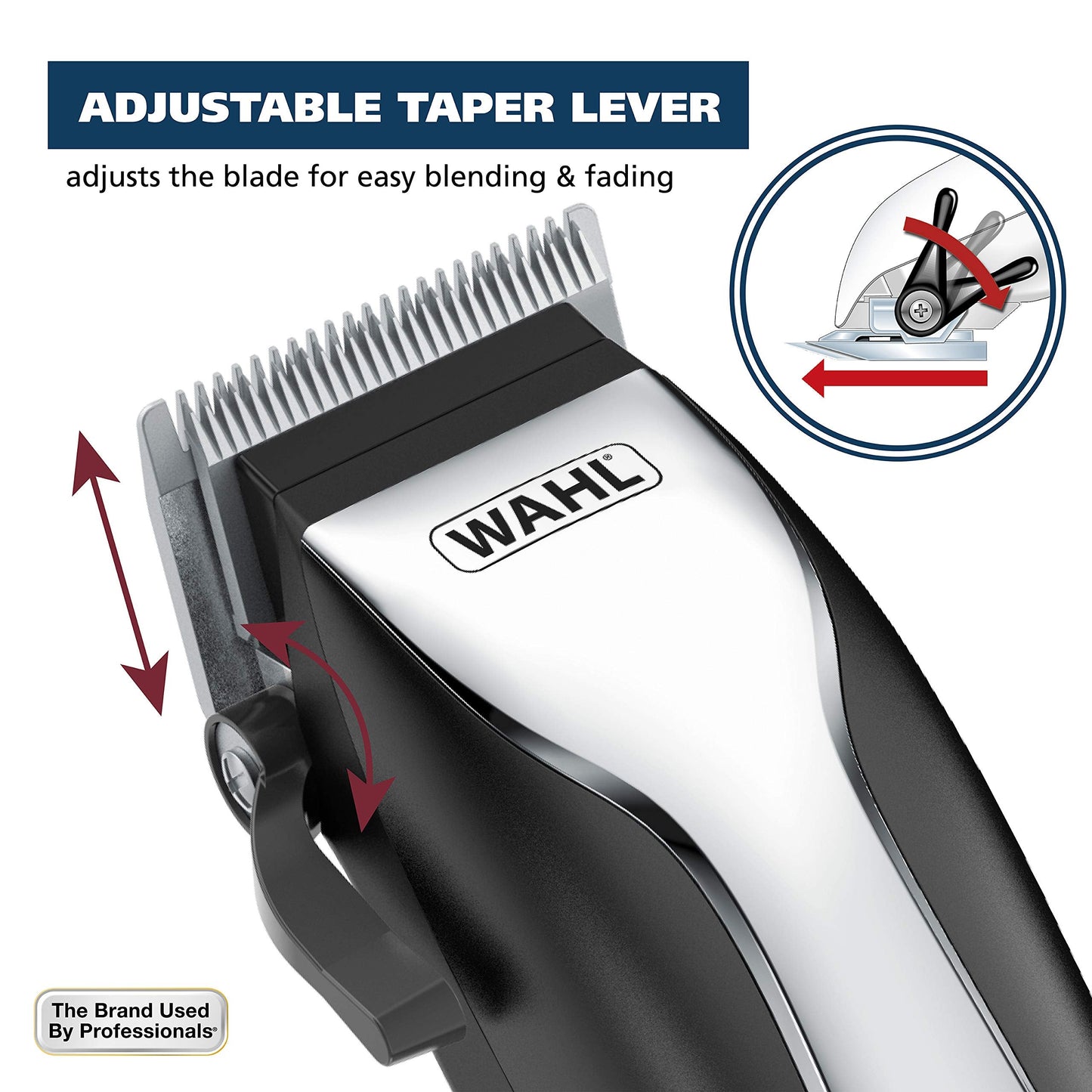 Close up view of the high carbon steel blades on the Wahl corded clipper kit.