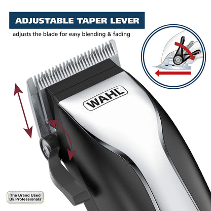 Close up view of the high carbon steel blades on the Wahl corded clipper kit.