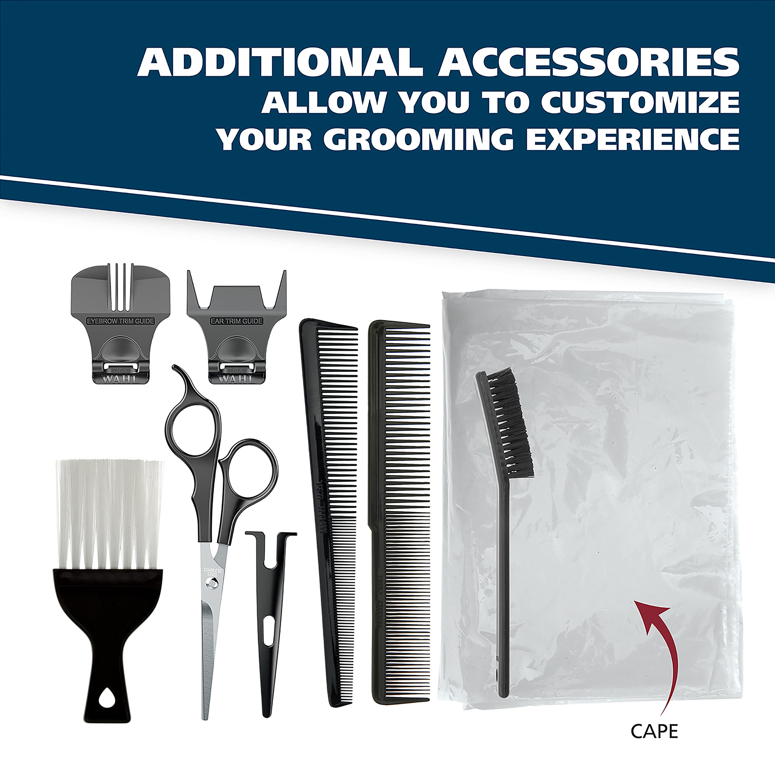 Wahl twenty-six piece haircutting set arranged neatly with all included color guards scissors and barber cape.