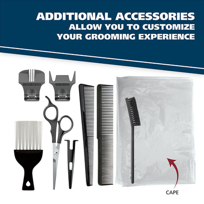 Wahl twenty-six piece haircutting set arranged neatly with all included color guards scissors and barber cape.