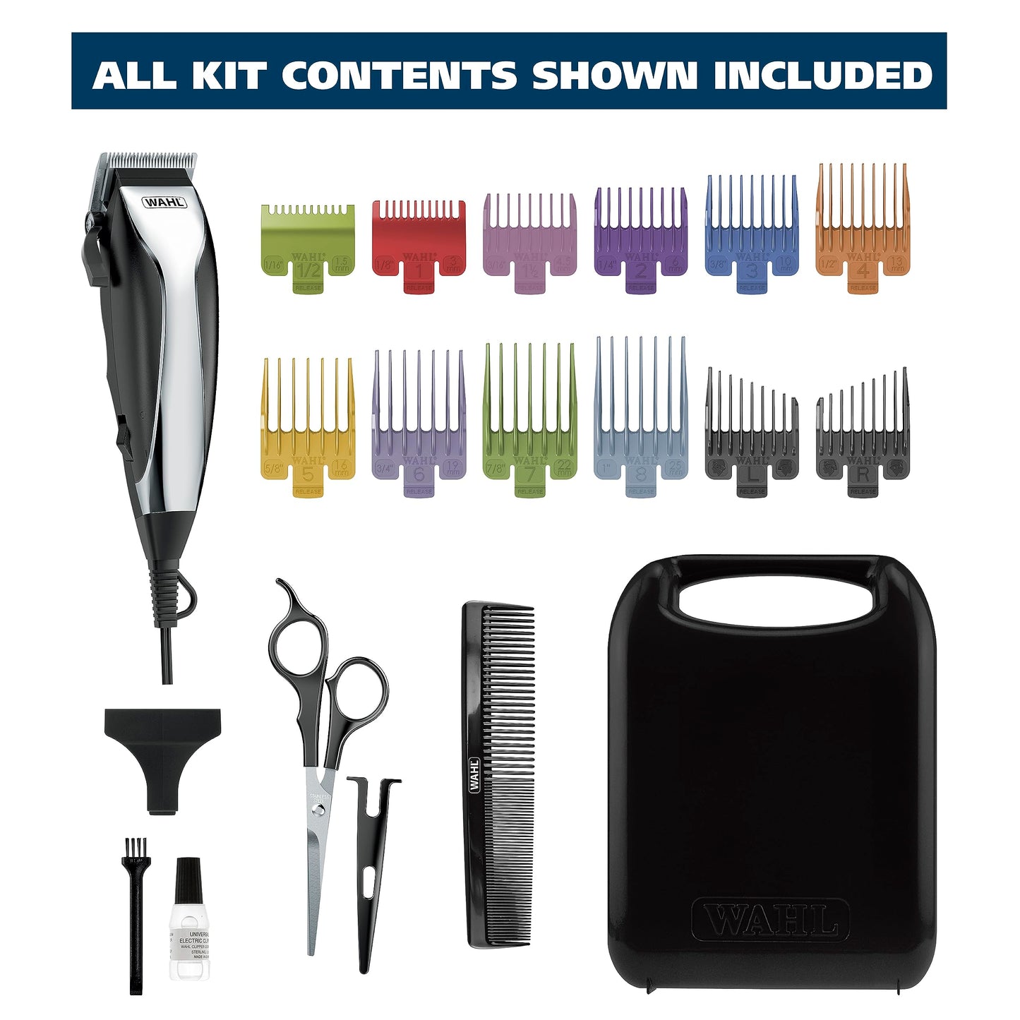Complete layout of the Wahl multi cut hair clipper kit with all maintenance tools and attachments.