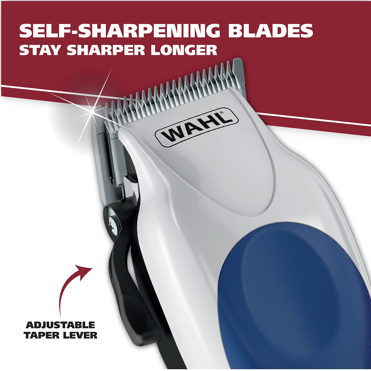 Wahl high-carbon steel clipper blade close up highlighting the self-sharpening design.