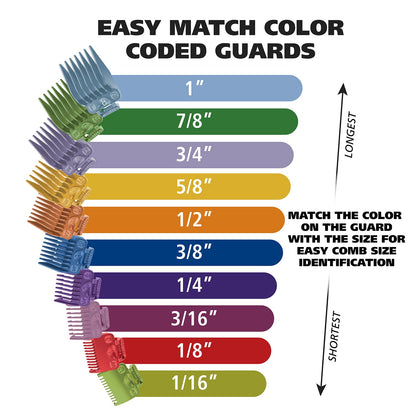 Wahl Color Pro attachment guards shown in multiple bright colors for easy haircut length identification.