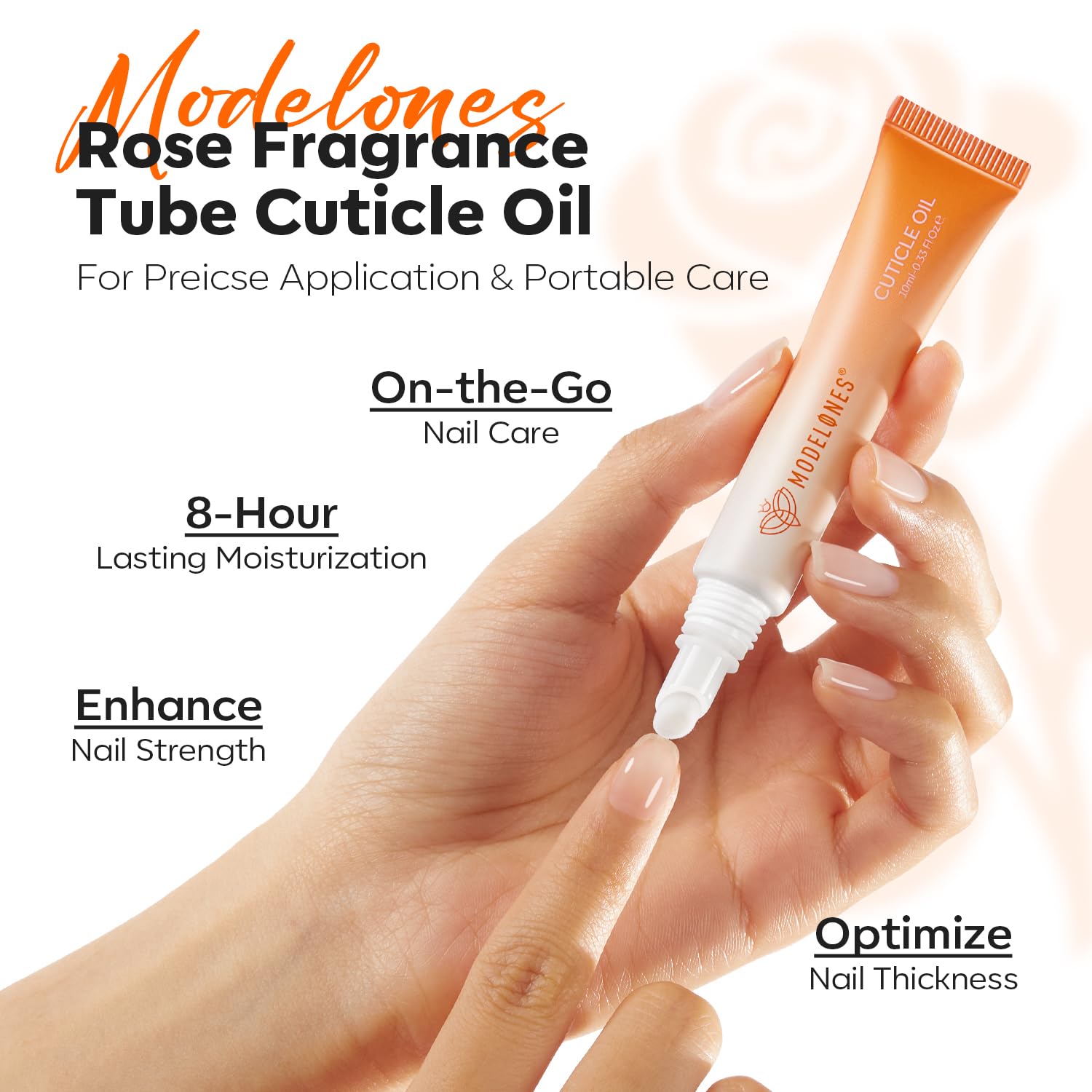 Close up of Modelones cuticle oil formula on skin