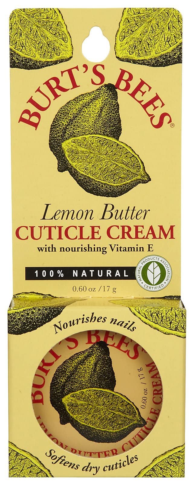 Burt's Bees natural lemon oil cuticle treatment tin open showing the rich buttery balm texture inside.