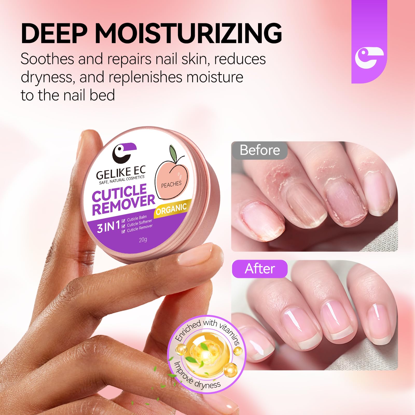 Close up of Gelike Ec cuticle balm application on fingernails