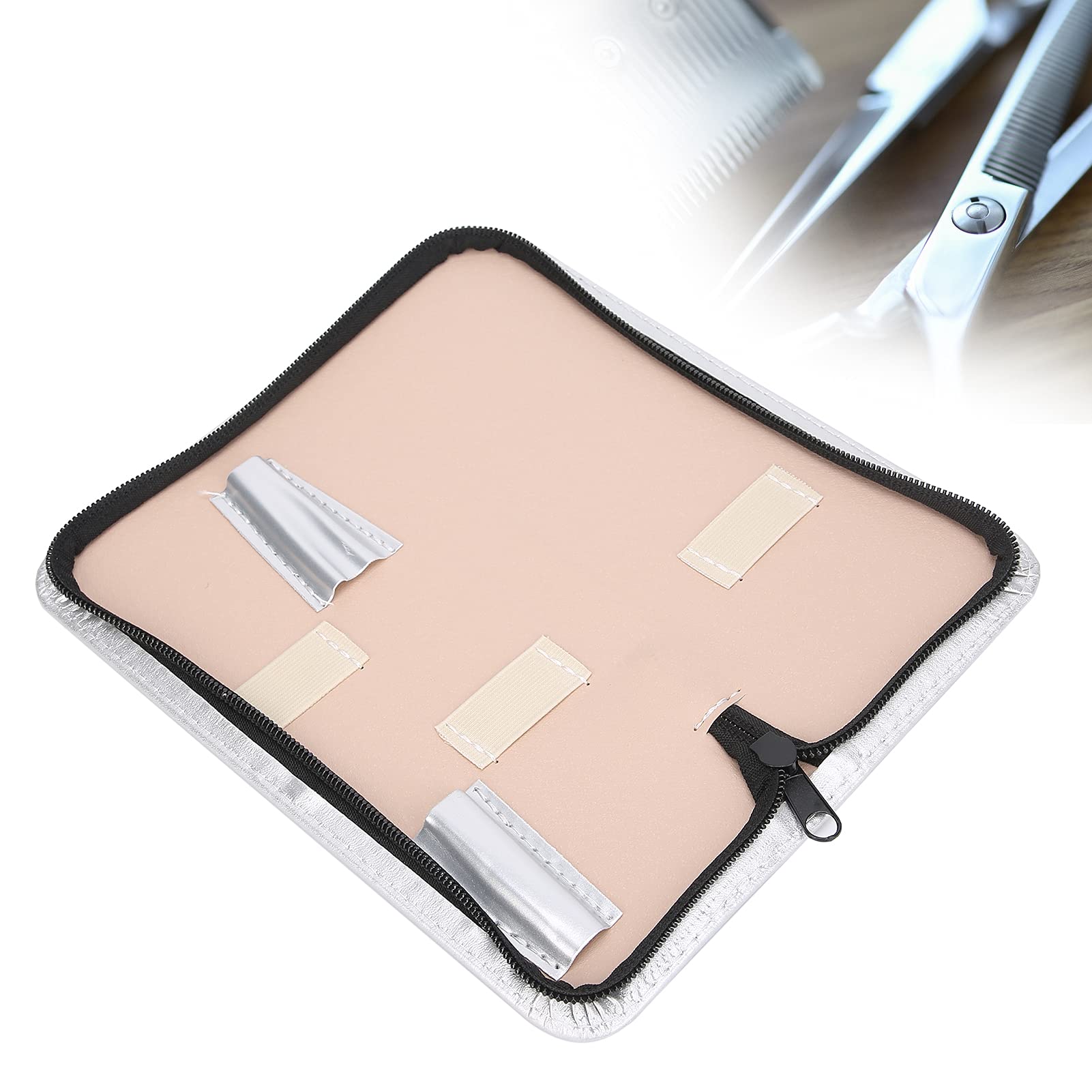 Betued white leather hair tools pouch bottom view demonstrating the openable cover for easy cleaning