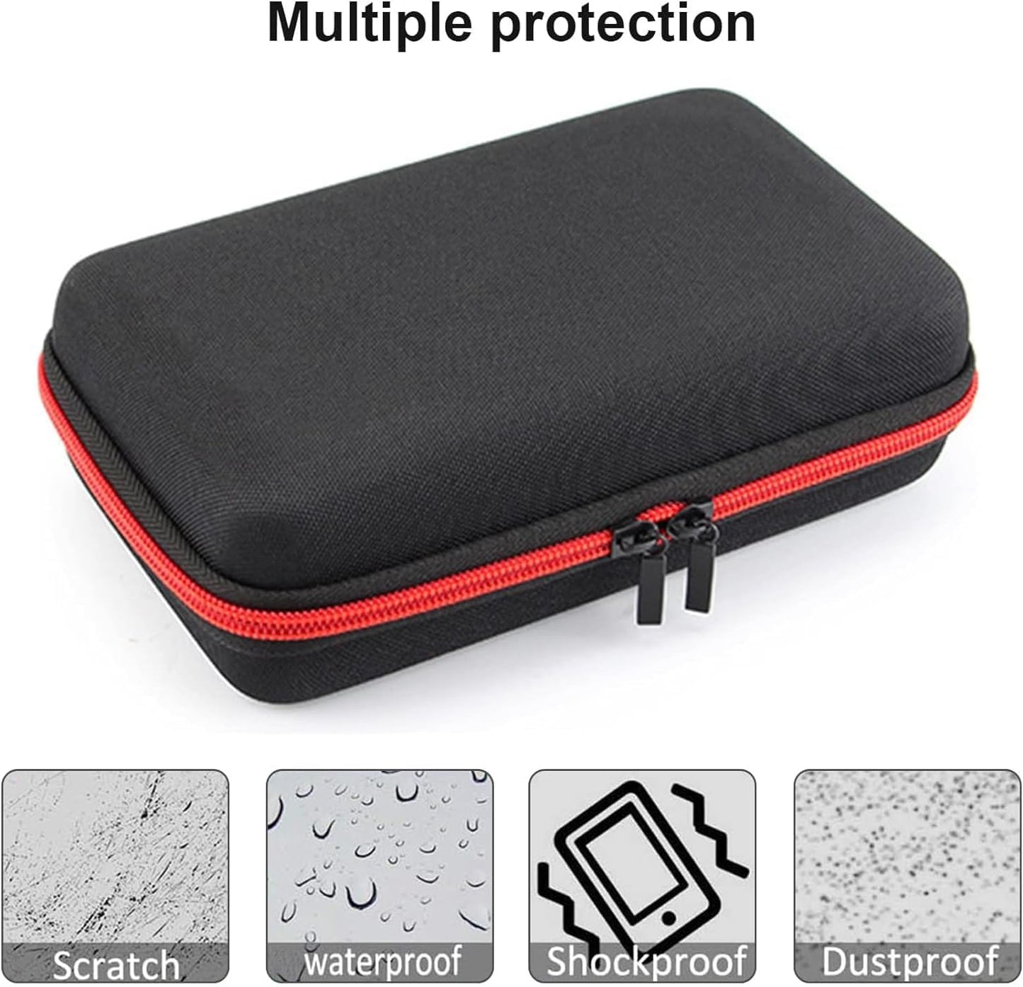 LinMei hard storage case detailing the secure red double-zipper track and durable hand strap.