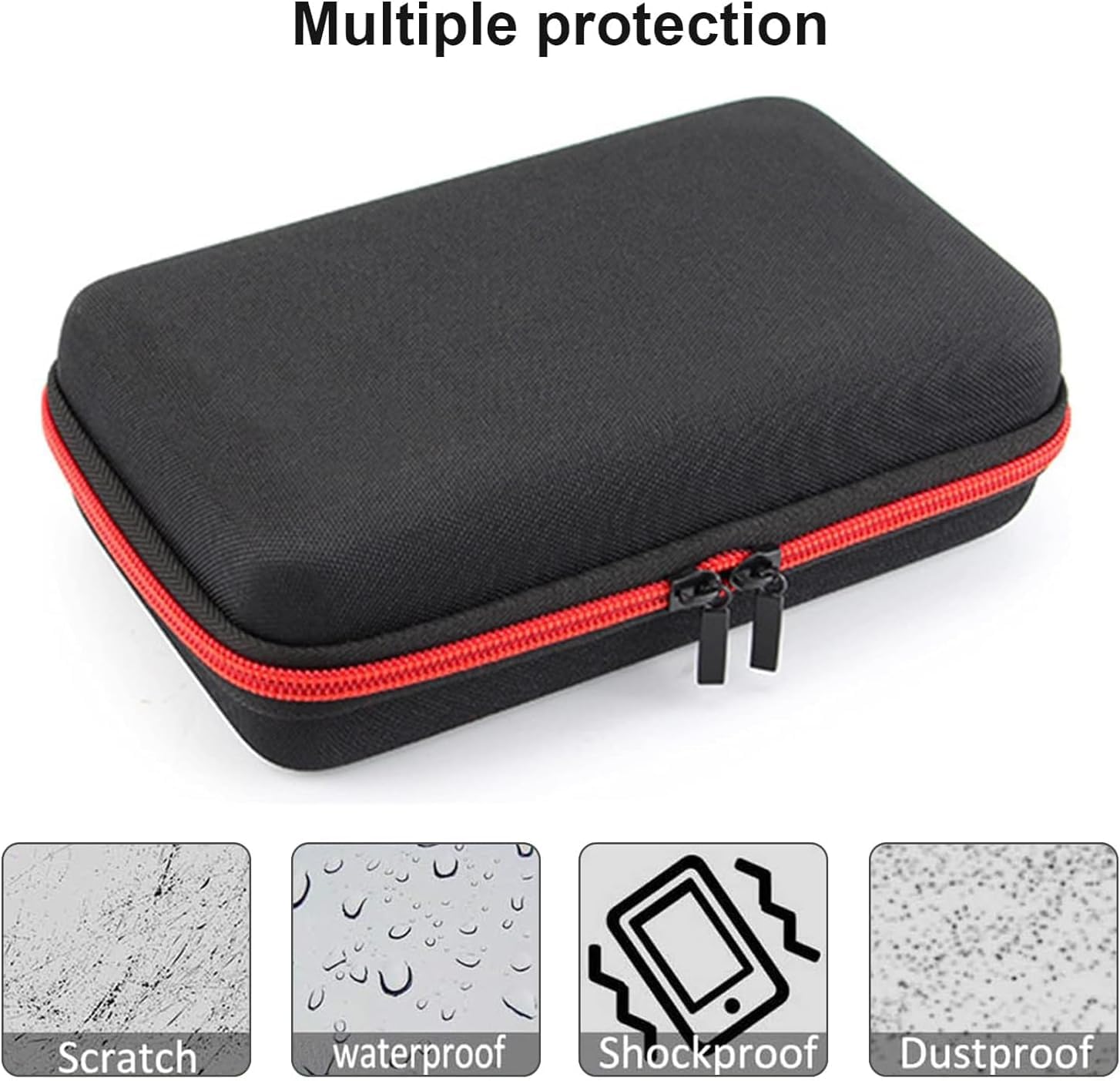 LinMei hard storage case detailing the secure red double-zipper track and durable hand strap.