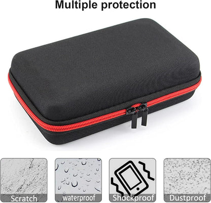 LinMei hard storage case detailing the secure red double-zipper track and durable hand strap.