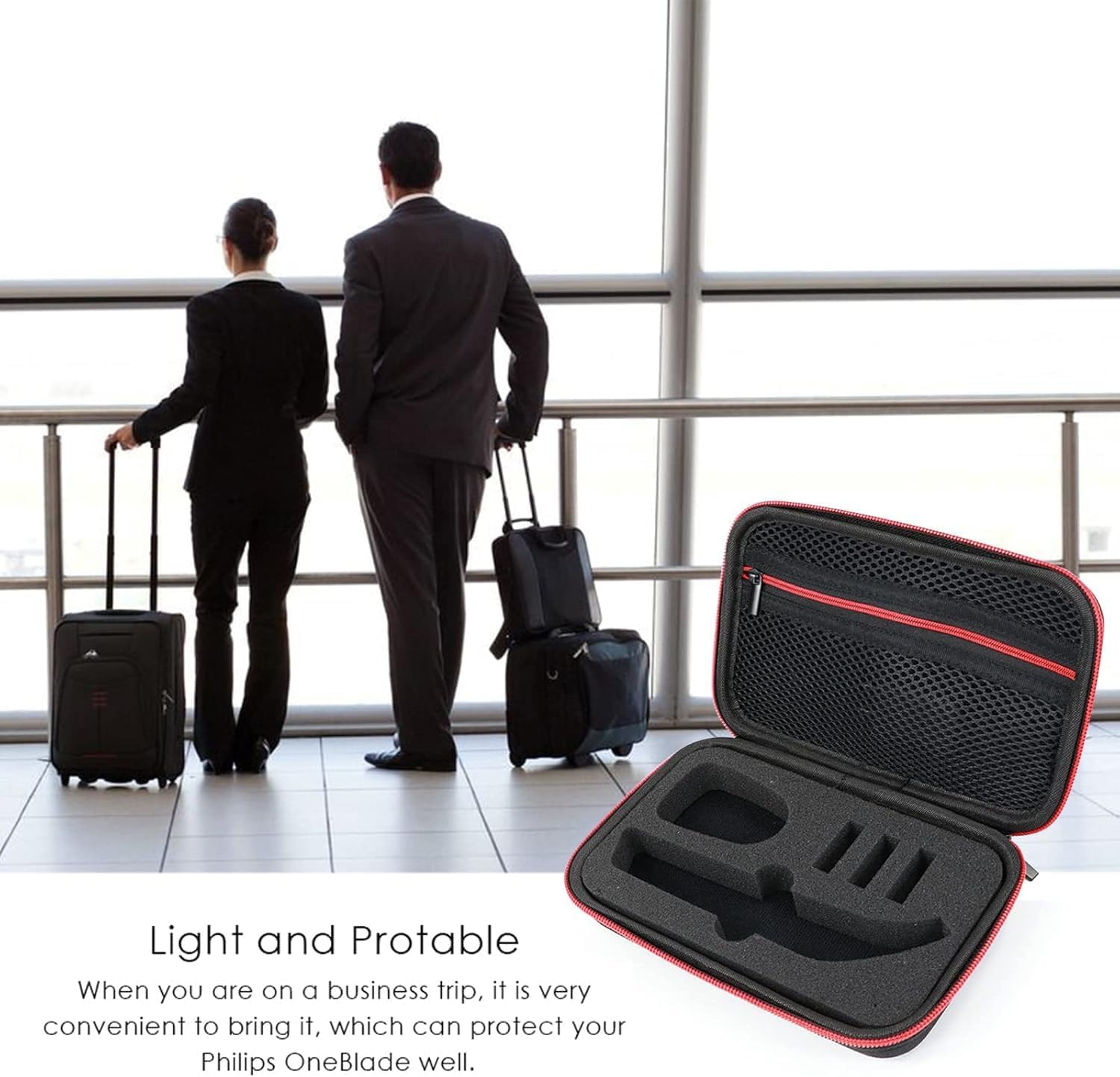 LinMei waterproof trimmer travel organizer being held by the attached wrist loop for transport.