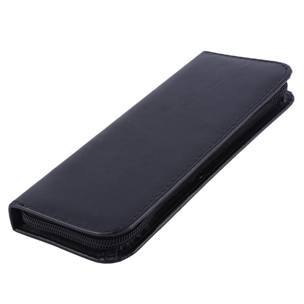 Novec black faux leather hairdressing shear pouch opened flat showing internal slots for scissors and combs.
