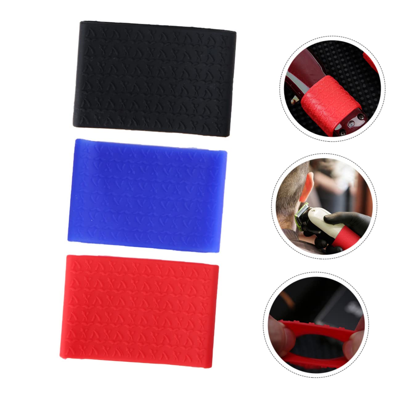 Three pieces of DECOMELODY shock absorbing vibration reduction barber clipper grips laid out on a styling table.