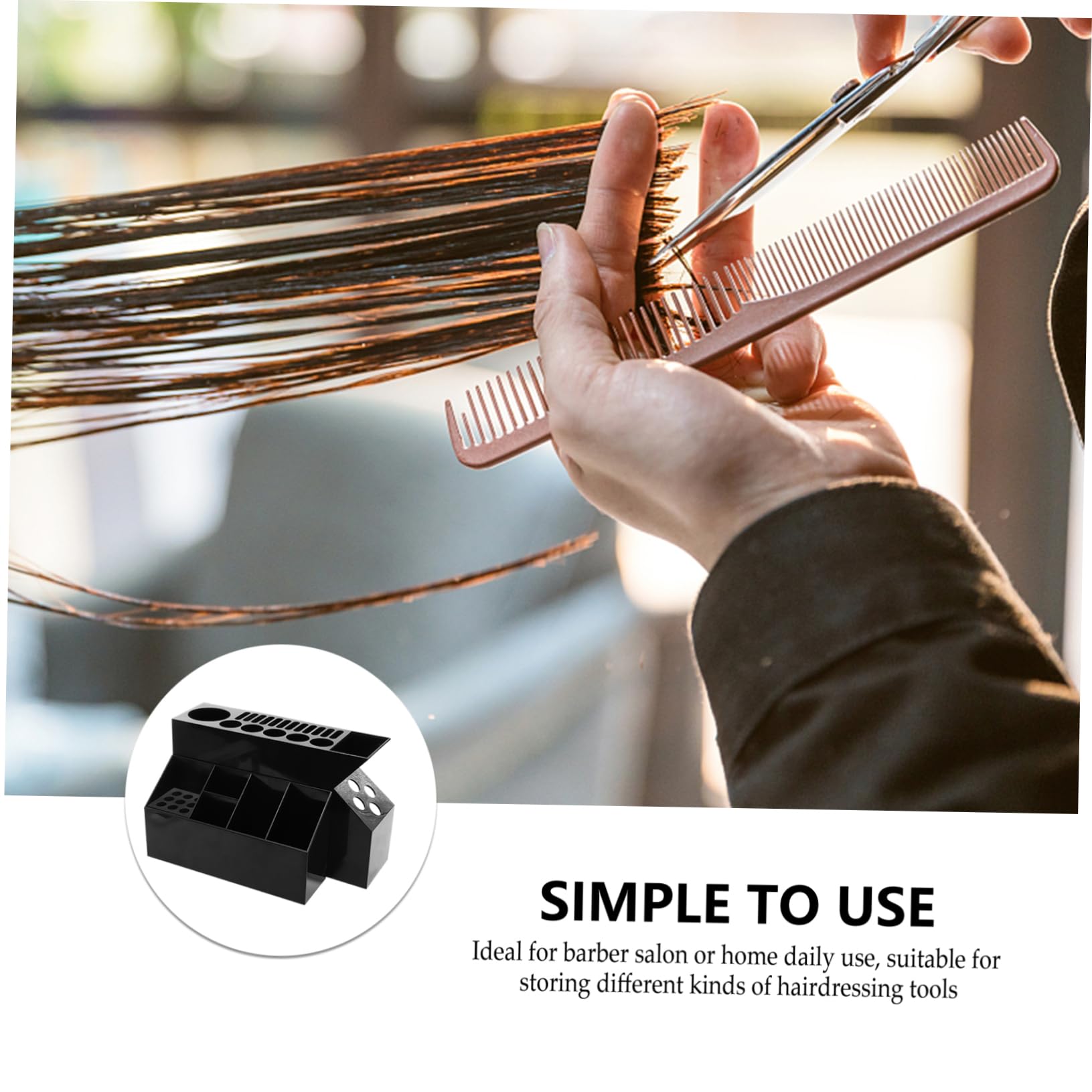Top angle view of professional haircutting shears and combs placed in the container