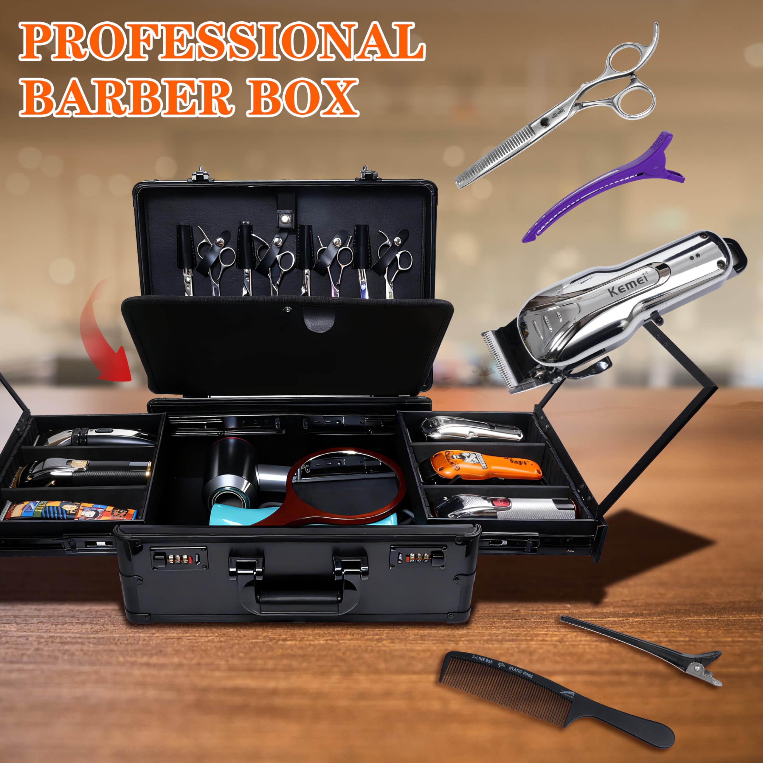 HUIMSWARM hair trimmer organizer open view showcasing multi-tier sliding trays
