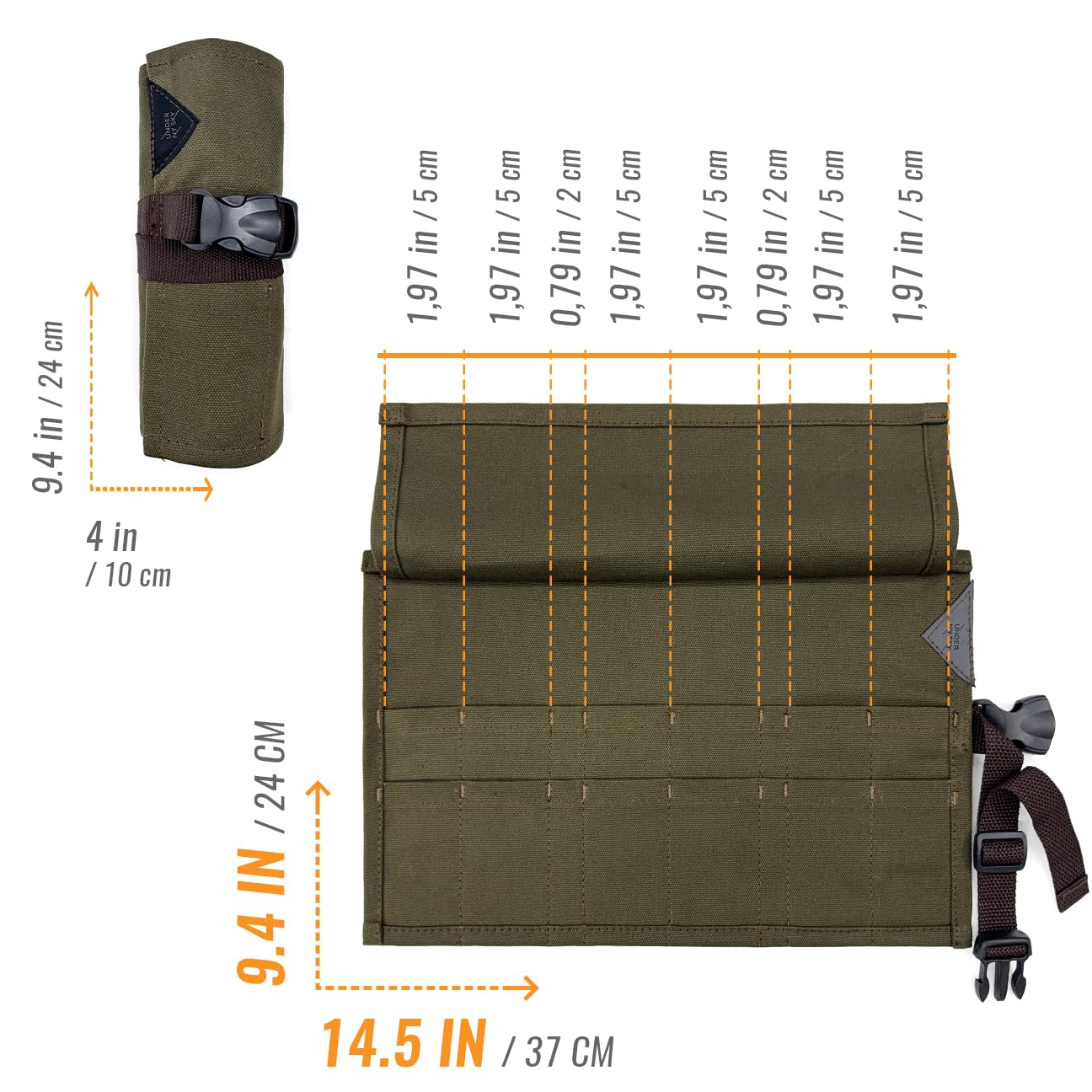 Under NY Sky professional hair stylist pouch unrolled revealing sixteen tool storage pockets