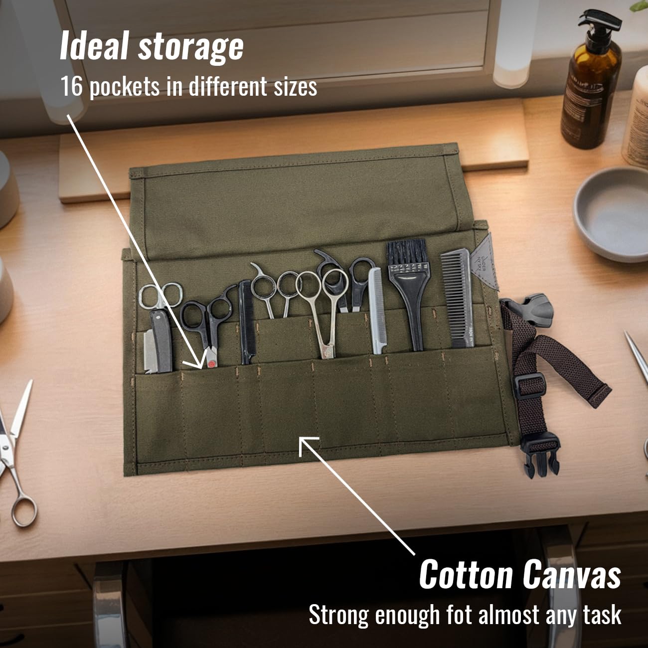 Under NY Sky canvas hairdresser storage case rolled up tightly with adjustable straps fastened