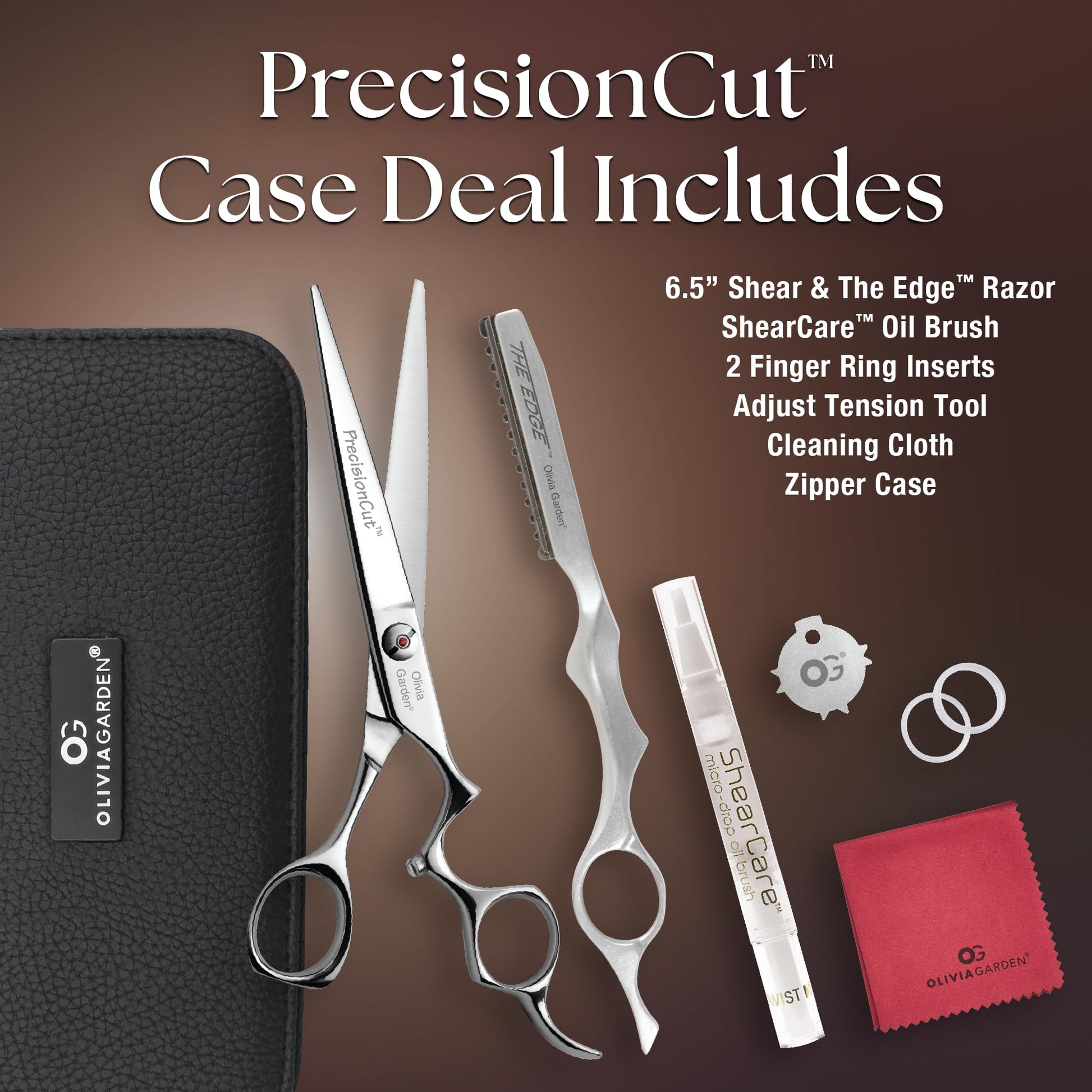 Olivia Garden stainless steel hair cutting scissors and texturizing razor close up.