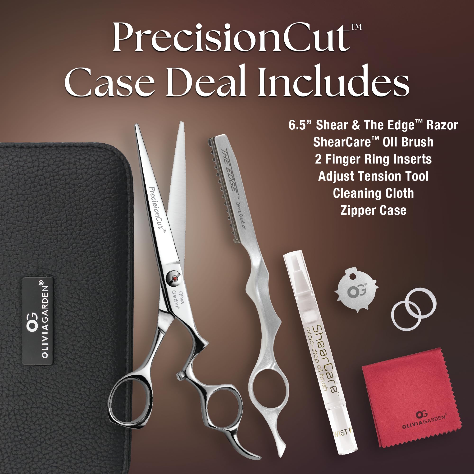 Olivia Garden stainless steel hair cutting scissors and texturizing razor close up.