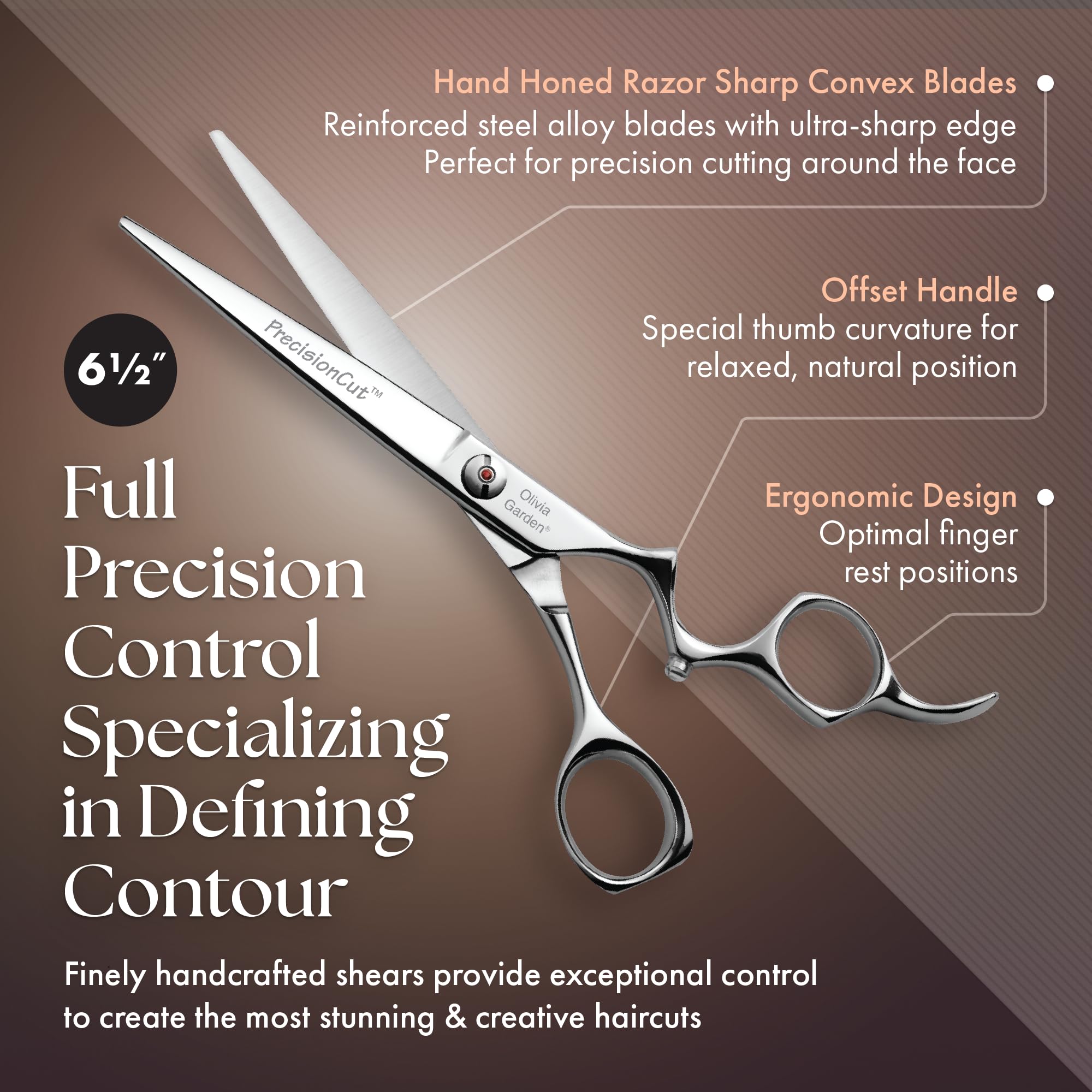 Olivia Garden professional shears showing the ergonomic offset handle and finger inserts.