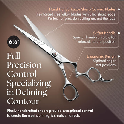 Olivia Garden professional shears showing the ergonomic offset handle and finger inserts.