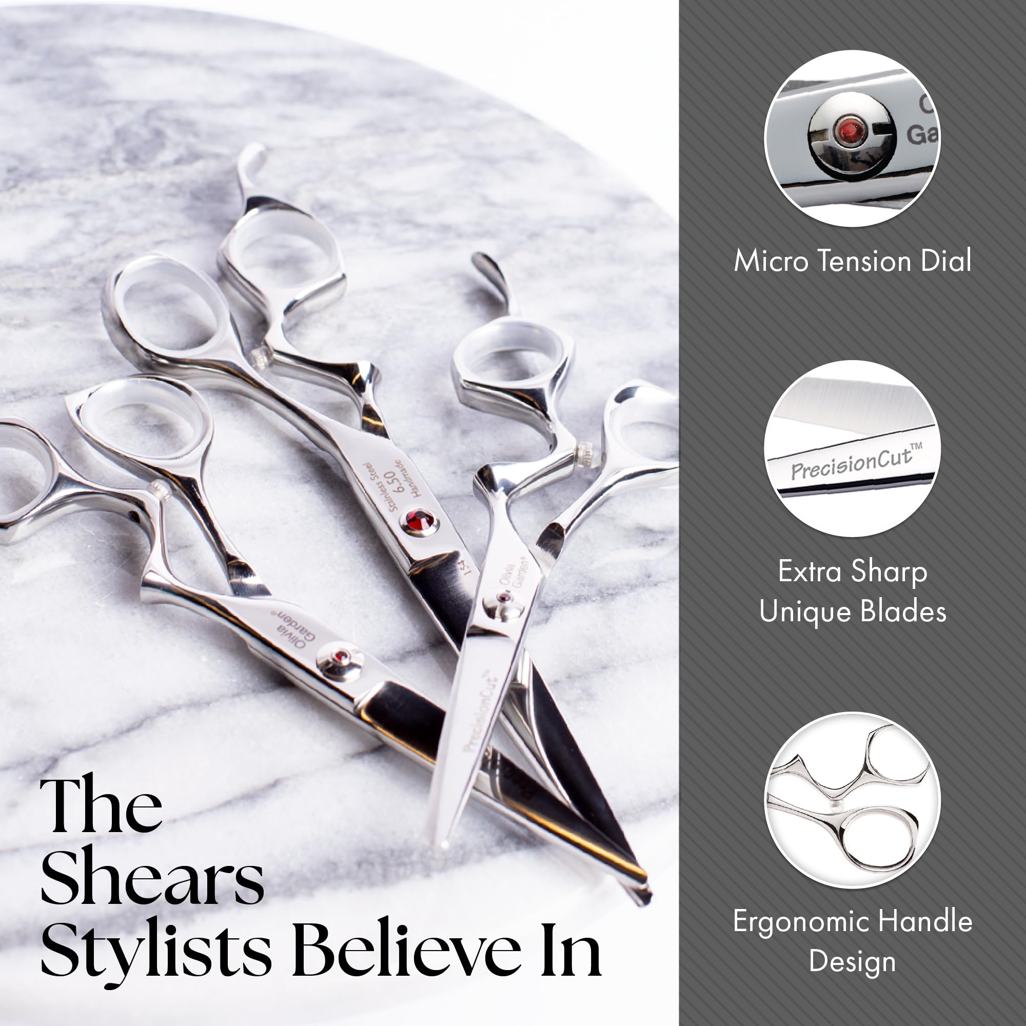 Matte black zippered case opened with Olivia Garden hairdressing tools arranged inside.