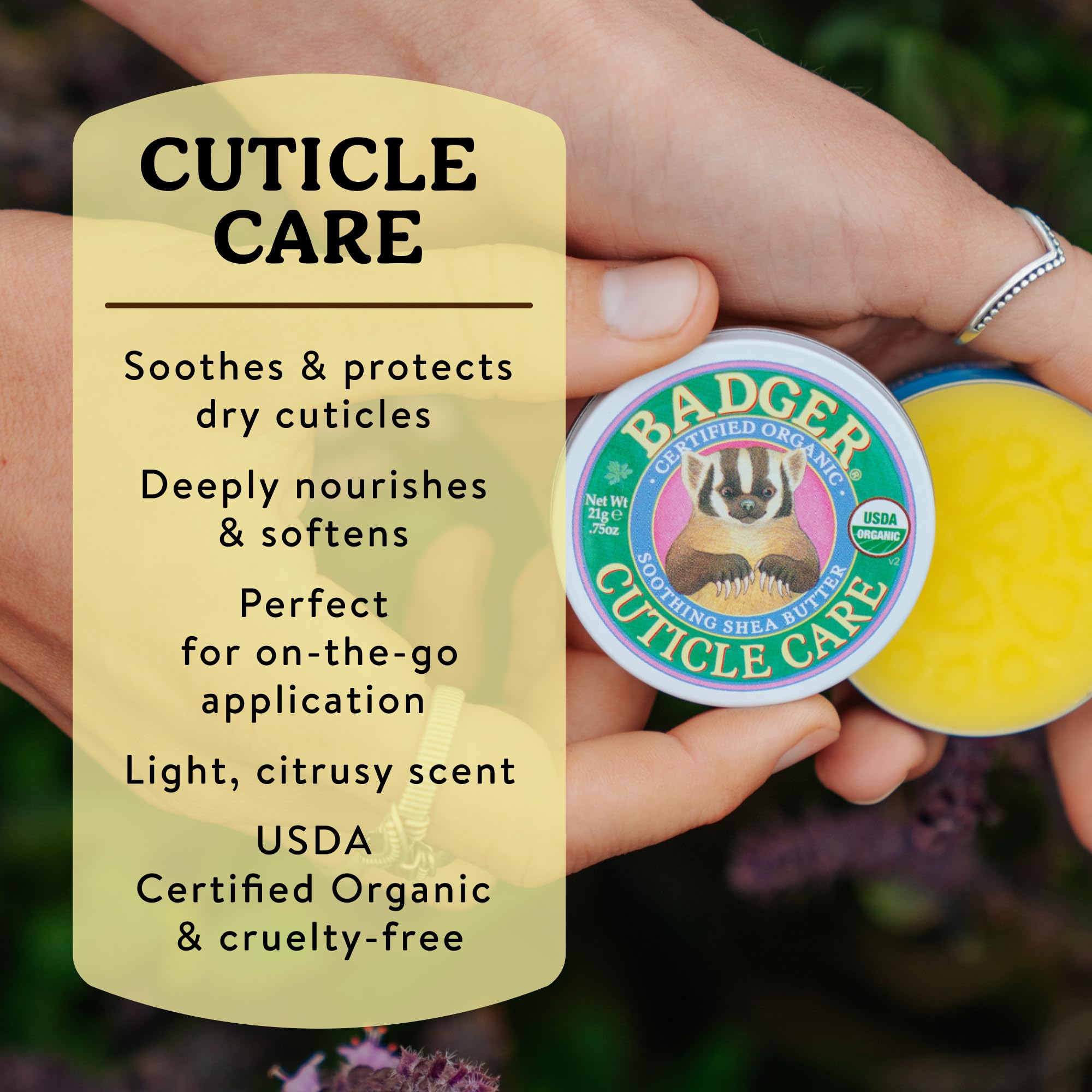 Open tin of Badger cuticle cream showing organic texture