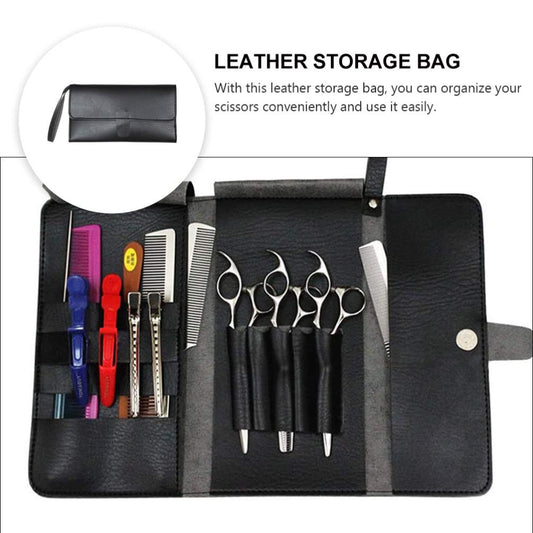 Uonlytech leather barber shears case with secure button closure close up