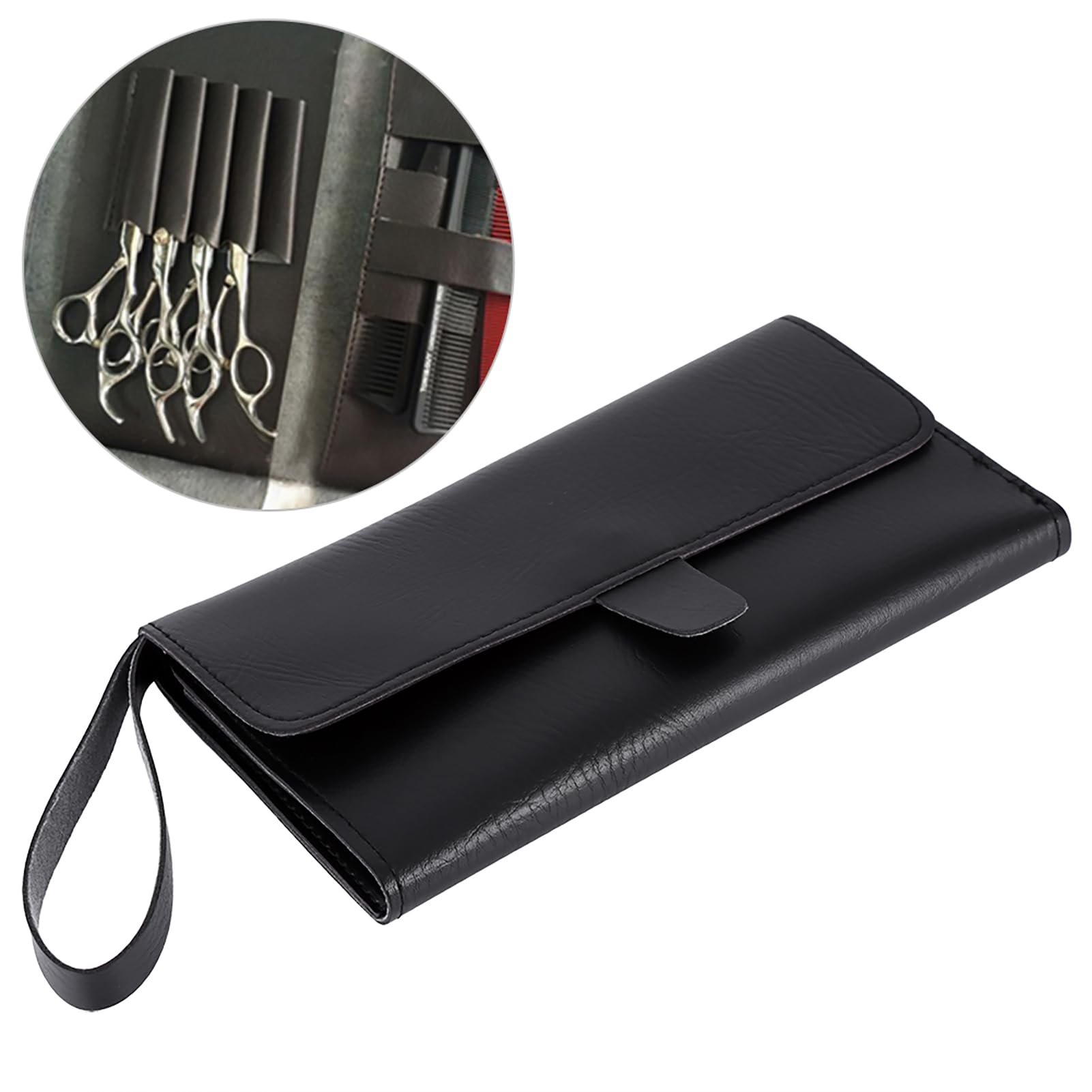 Side angle of the ZJchao hairdresser scissor pouch pack demonstrating its compact portable design.