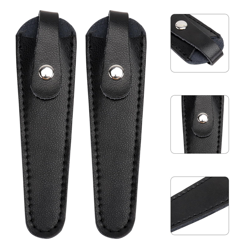 Two piece black leather scissor sleeves displayed together