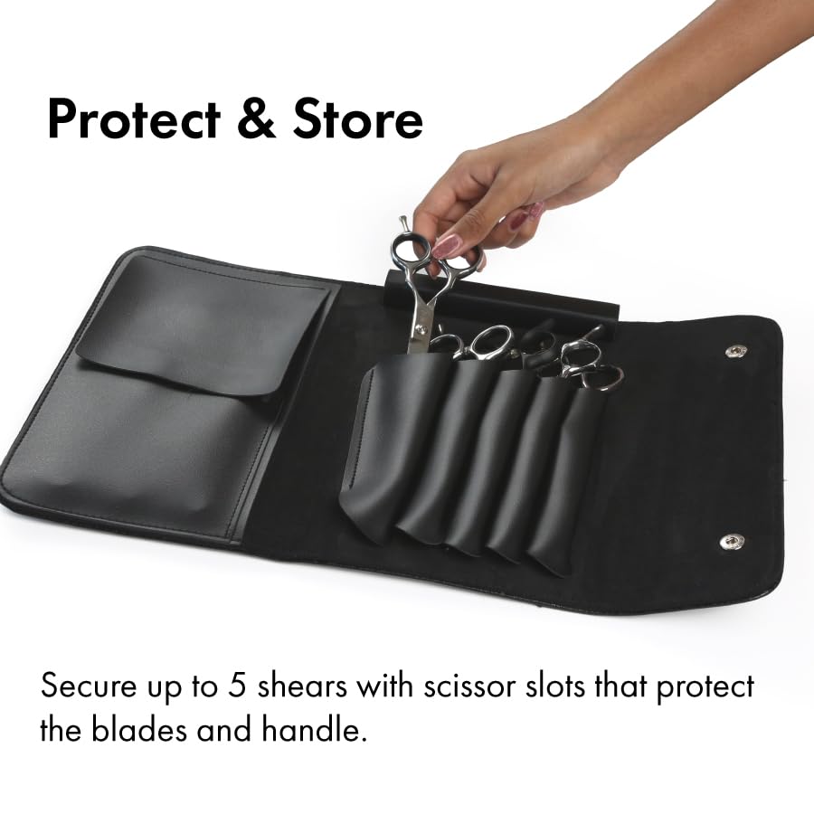 Tokko Katana folding pouch opened flat showing five interior tool slots holding hair cutting scissors and styling combs.