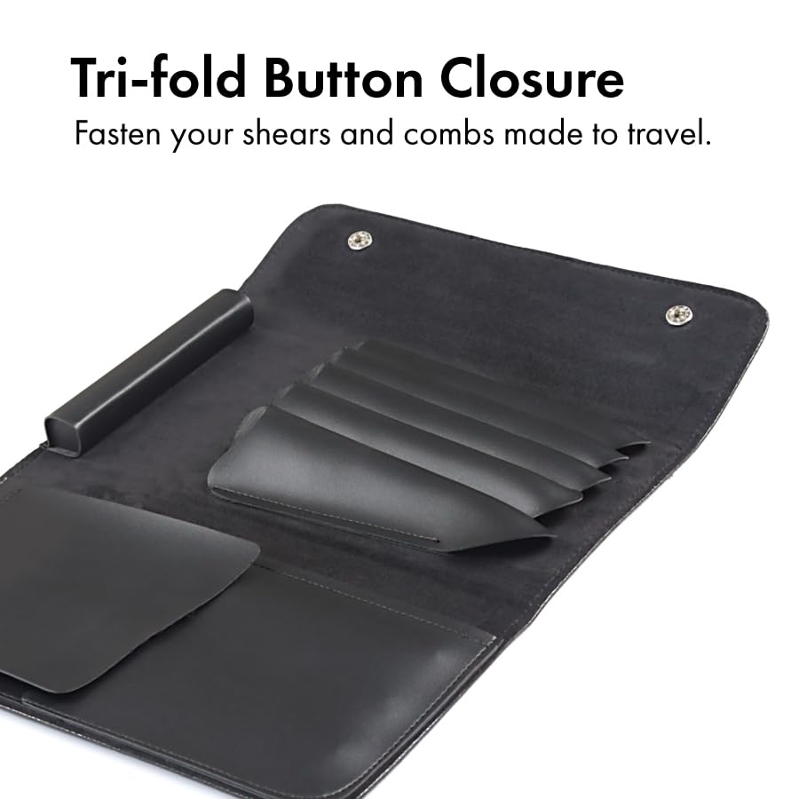Angled view of the authentic Tokko hair shear protective pouch highlighting the premium grain of the black leatherette.