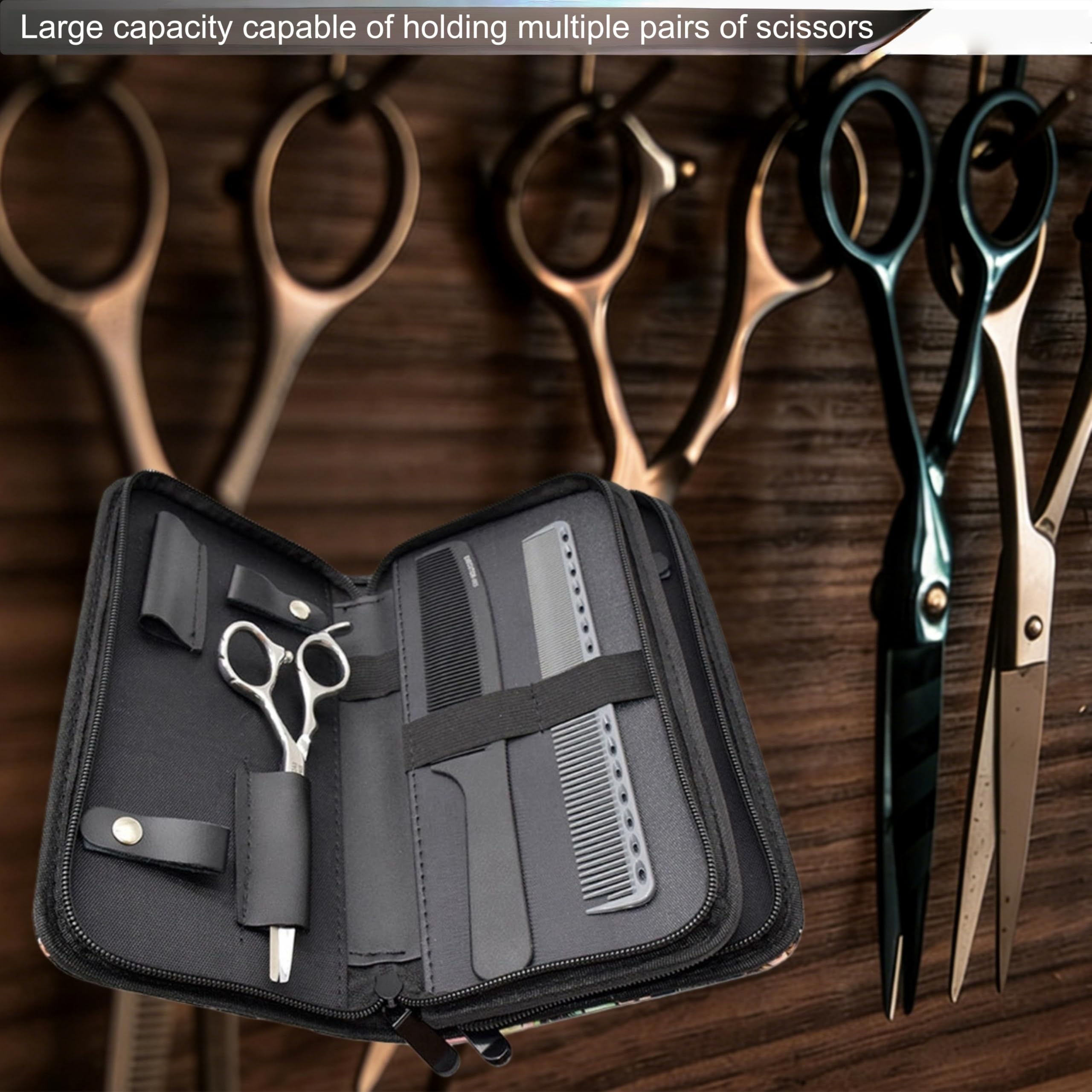 MuyBienBien premium artificial leather barber tool case pouch showcasing the double sided storage layout and secure internal elastic bands.