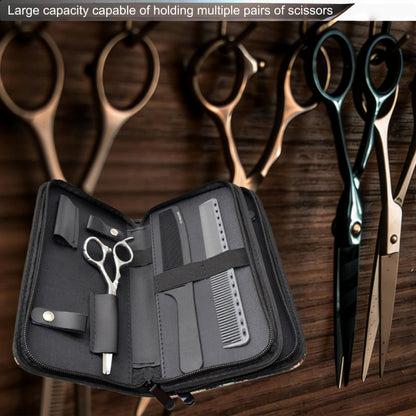 MuyBienBien premium artificial leather barber tool case pouch showcasing the double sided storage layout and secure internal elastic bands.