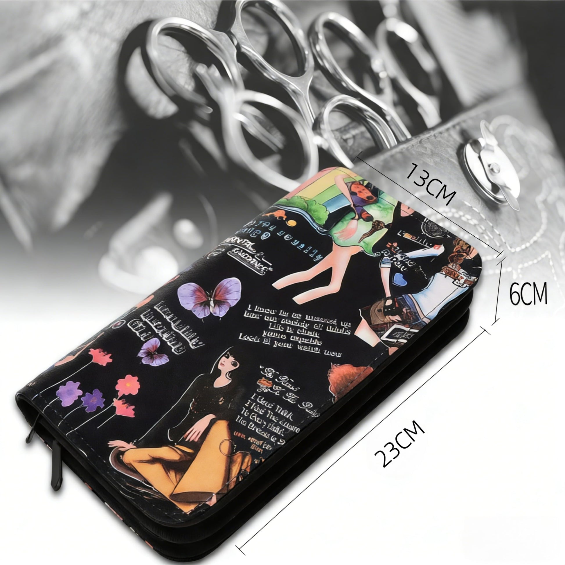 MuyBienBien portable salon shear holder bag being held by hand to show compact size for travel and mobile hairdressers.
