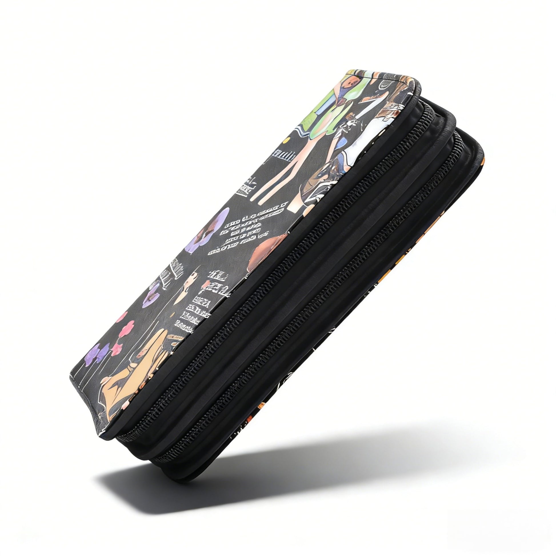 MuyBienBien colorful graphic print hair stylist pouch placed on a modern salon workstation alongside professional grooming accessories.
