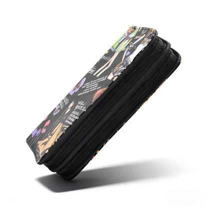 MuyBienBien colorful graphic print hair stylist pouch placed on a modern salon workstation alongside professional grooming accessories.