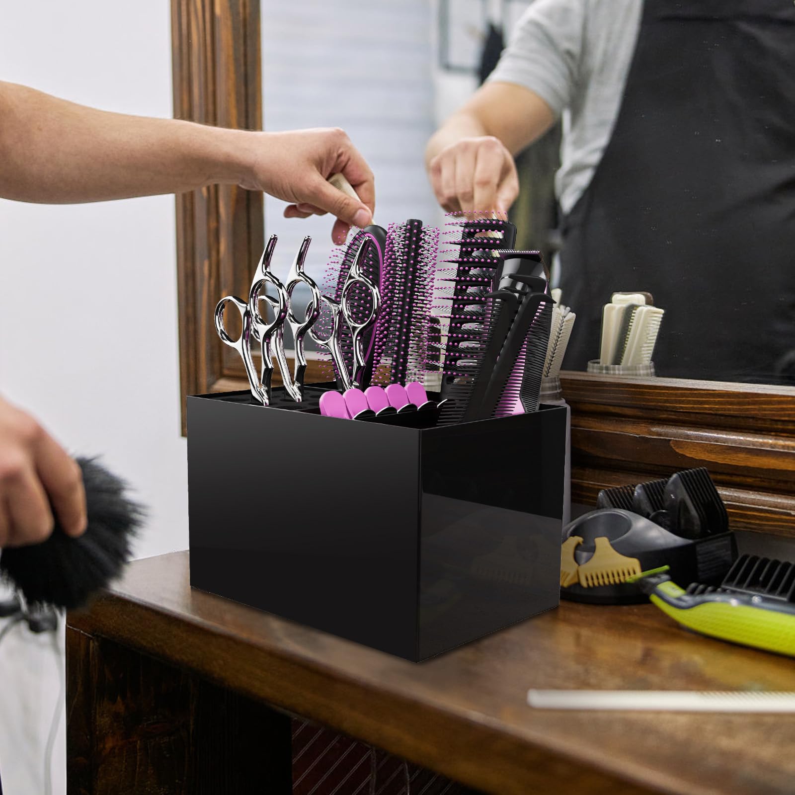 Noverlife black barber supplies shear case viewed from an angle on a salon countertop.