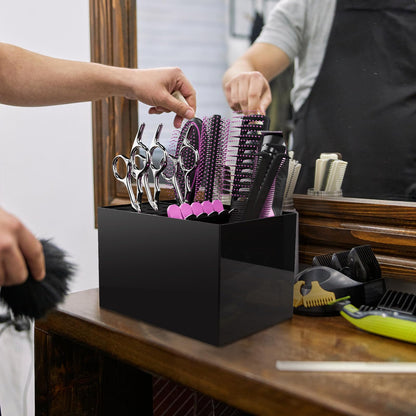 Noverlife black barber supplies shear case viewed from an angle on a salon countertop.