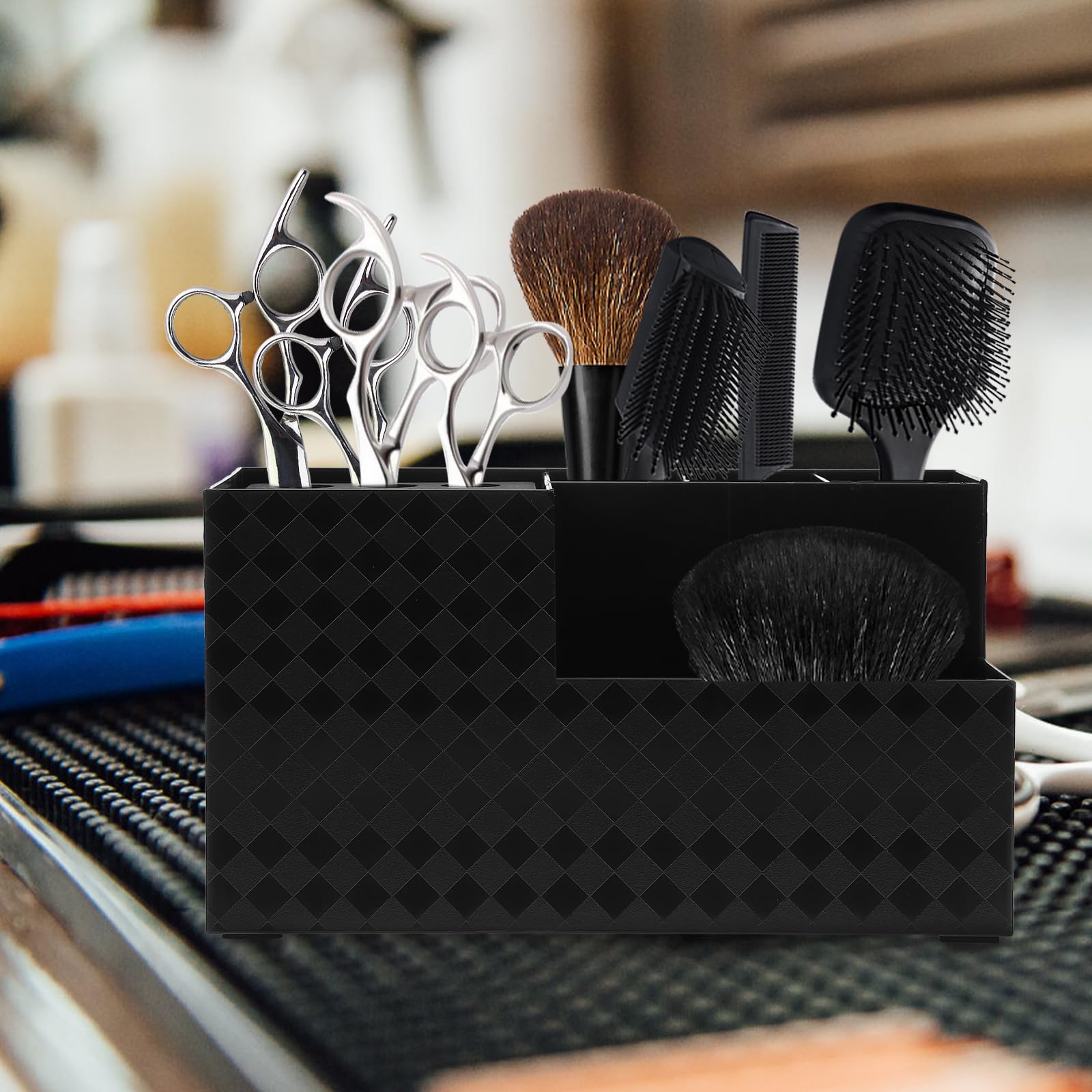 Minkissy desktop hair cutting organizer case highlighting the detachable bristle insert for upright scissor storage.